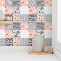 Wholecloth Quilt Rotated - Coral and Grey Patchwork Deer, Arrows, Woodgrain