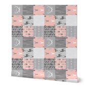 Wholecloth Quilt Rotated - Coral and Grey Patchwork Deer, Arrows, Woodgrain