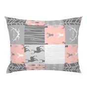 Wholecloth Quilt Rotated - Coral and Grey Patchwork Deer, Arrows, Woodgrain