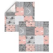 Wholecloth Quilt Rotated - Coral and Grey Patchwork Deer, Arrows, Woodgrain