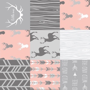 Wholecloth Quilt Rotated - Coral and Grey Patchwork Deer, Arrows, Woodgrain