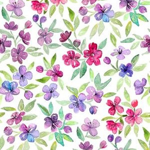 Cherry Red, Lilac and Lavender Watercolor Blossoms