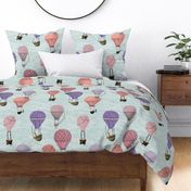 Large Scale woodland Animal pink and purple Hot Air Balloon Adventure on mint,  jade, aqua, kids room,  nursery, girl, kids, home decor