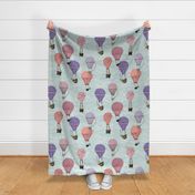 Large Scale woodland Animal pink and purple Hot Air Balloon Adventure on mint,  jade, aqua, kids room,  nursery, girl, kids, home decor