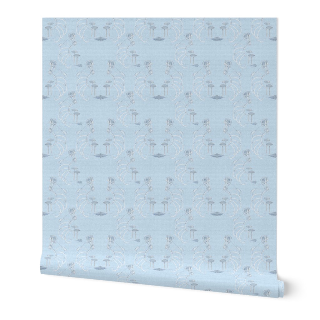 16x16-Inch Repeat of Mushrooms and Roses on Peaceful Blue