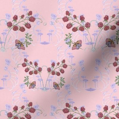 12x12-Inch Repeat of  Butterflies, Mushrooms and Raspberries on Pastel Pink