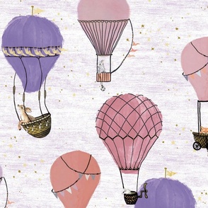 Large Scale woodland Animal in Pink and Purples Hot Air Balloon  Adventure on lavenderl, nursery wallpaper, baby girl, kids, home decor
