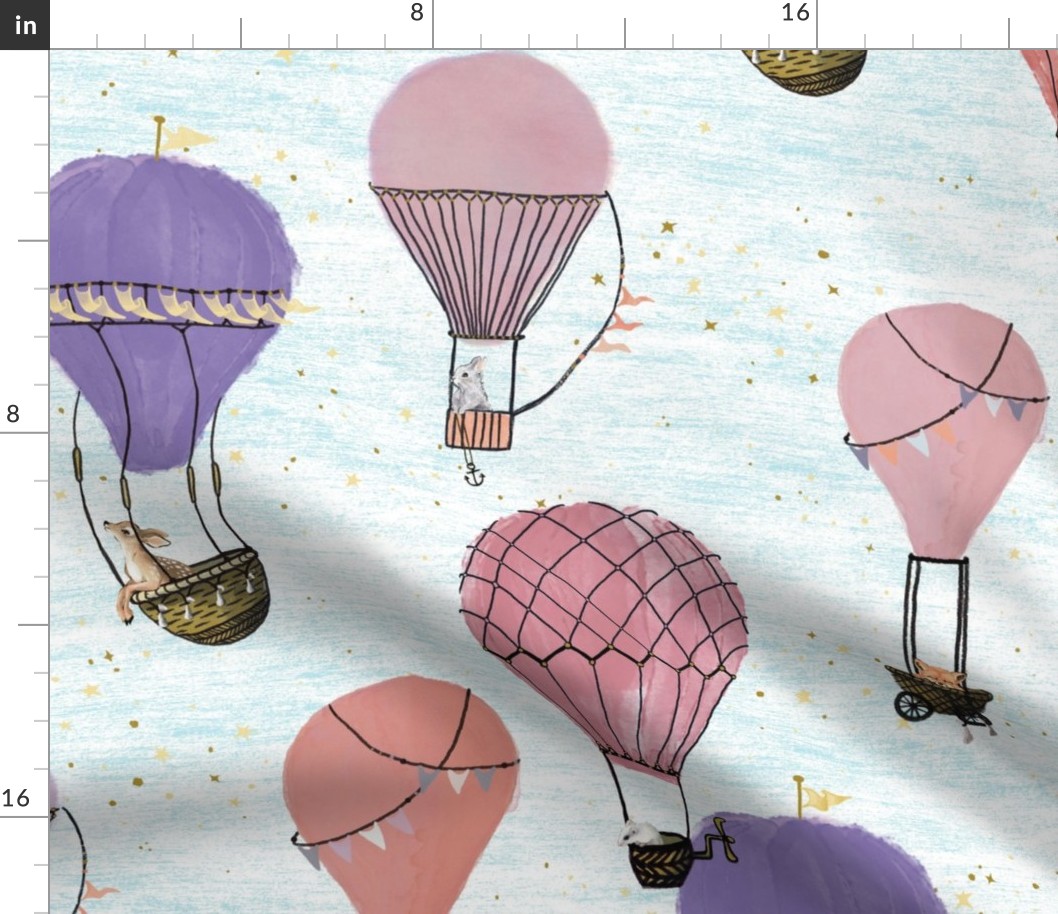 Large Scale woodland Animal Hot Air Balloon Day Adventure in Pink and Purple,  nursery wallpaper, girl, fox , deer, kids, home decor
