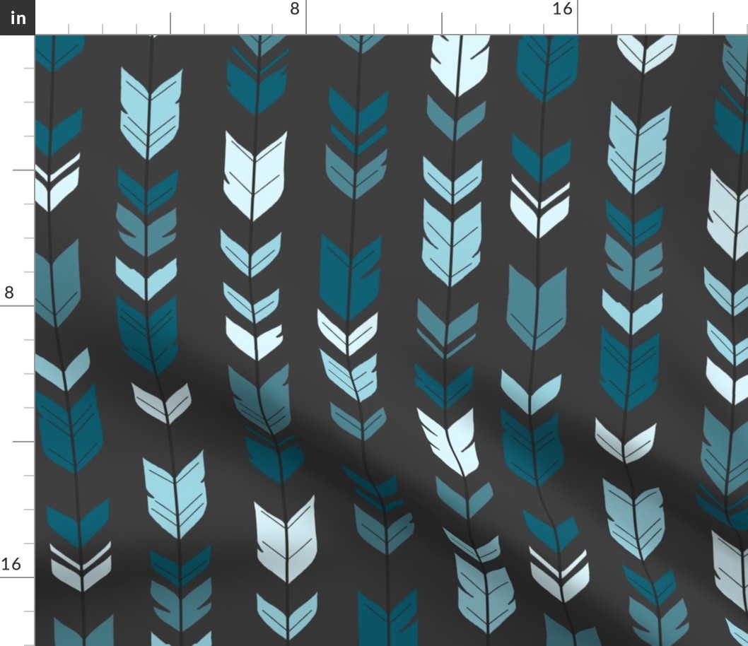 Arrows Feathers - Winslow Blues and Teals on Dark Gray- Charcoal Grey