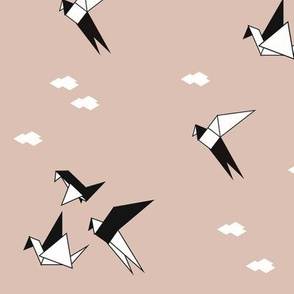Geometric birds - cranes black and white on blush pink