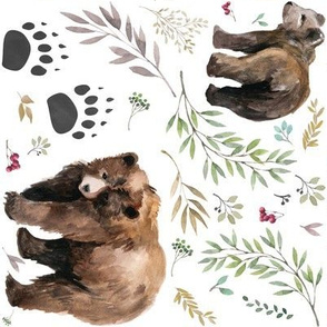 Watercolor Mama Bear & Cub in the Woods 90 degrees - 8"