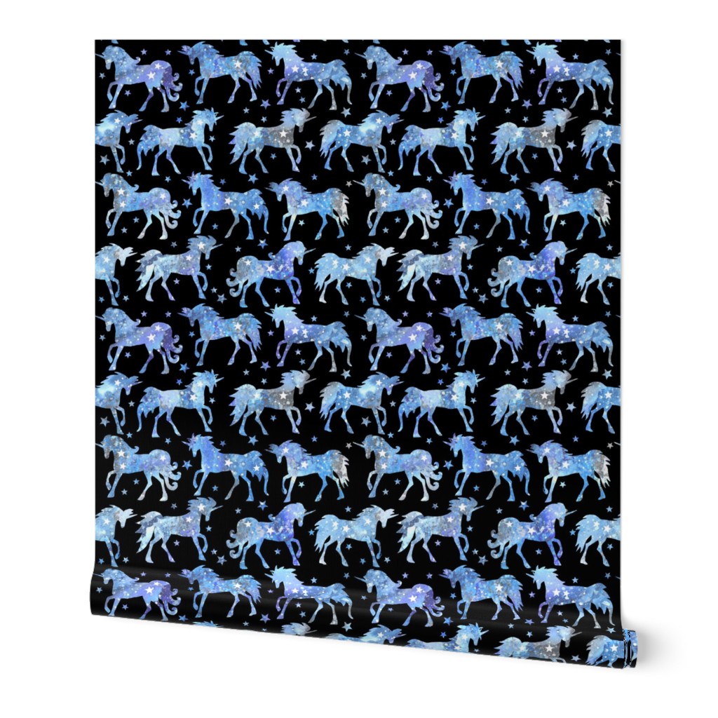 Blue Watercolour Galaxy Unicorns - black background