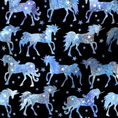 Blue Watercolour Galaxy Unicorns - black background