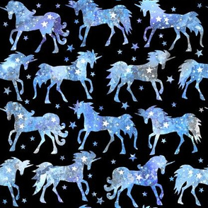 Blue Watercolour Galaxy Unicorns - black background
