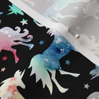 Rainbow Watercolour Galaxy Unicorns - black_background