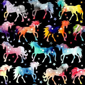 Rainbow Watercolour Galaxy Unicorns - black_background