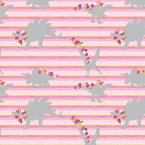 15-06D Girl Dinosaur 4 x 3 || Painted Gray grey Pink Flower Garland Floral Hot pink yellow stripe_Miss Chiff Designs