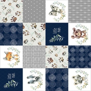 4 1/2" Woodland Animal Tracks Quilt Top, Little Man – Navy + Grey Patchwork Cheater Quilt, ROTATED