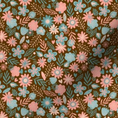 Pink & Blue Flowers on Brown Small