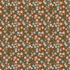 Pink & Blue Flowers on Brown Small