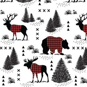 Bear, deer and moose - buffalo plaid and forest