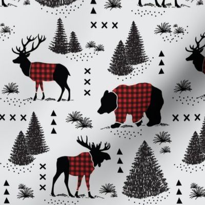 Bear, deer and moose - buffalo plaid and forest - grey background