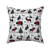 Bear, deer and moose - buffalo plaid and forest - grey background