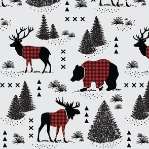 Bear, deer and moose - buffalo plaid and forest - grey background