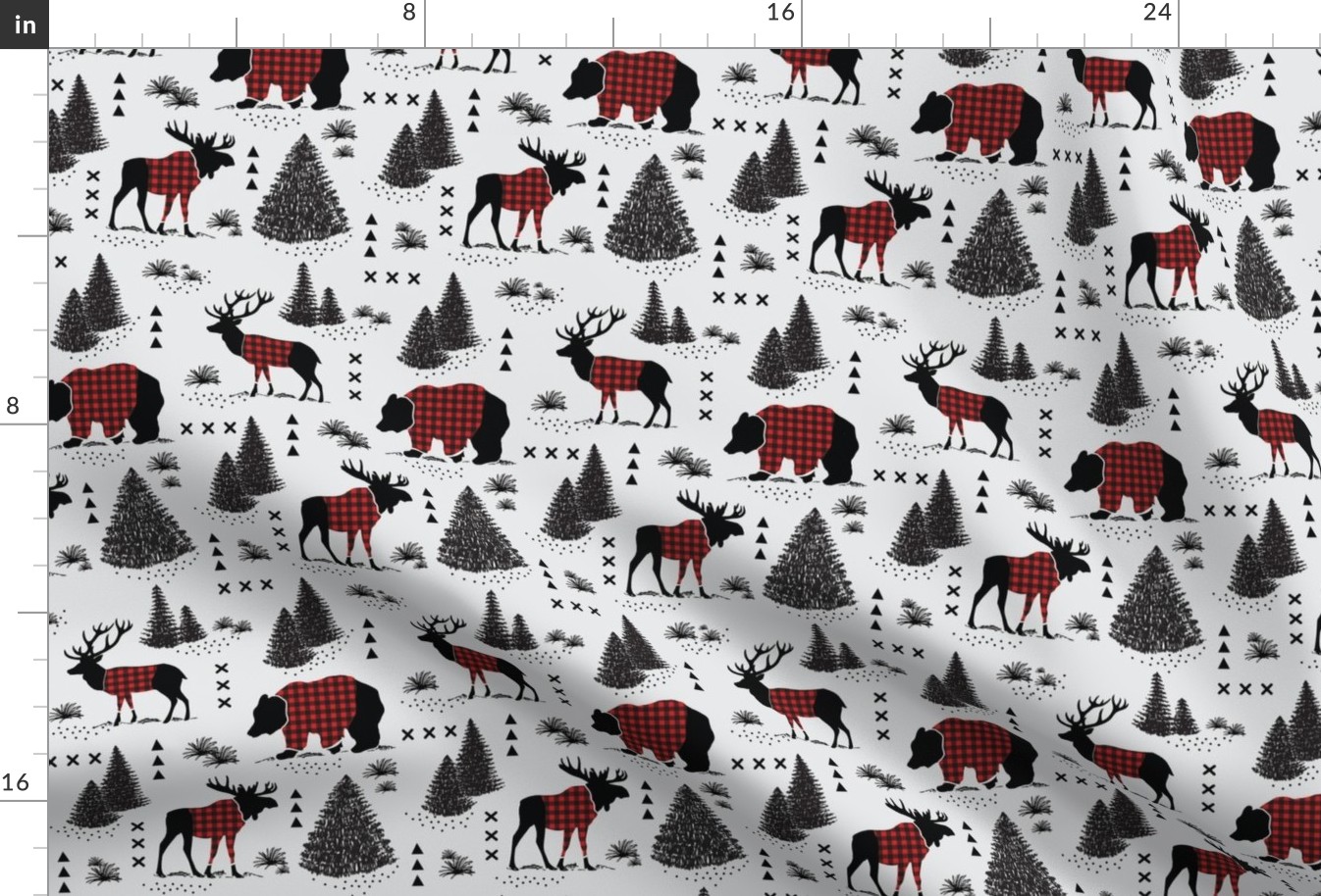 Bear, deer and moose - buffalo plaid and forest - grey background