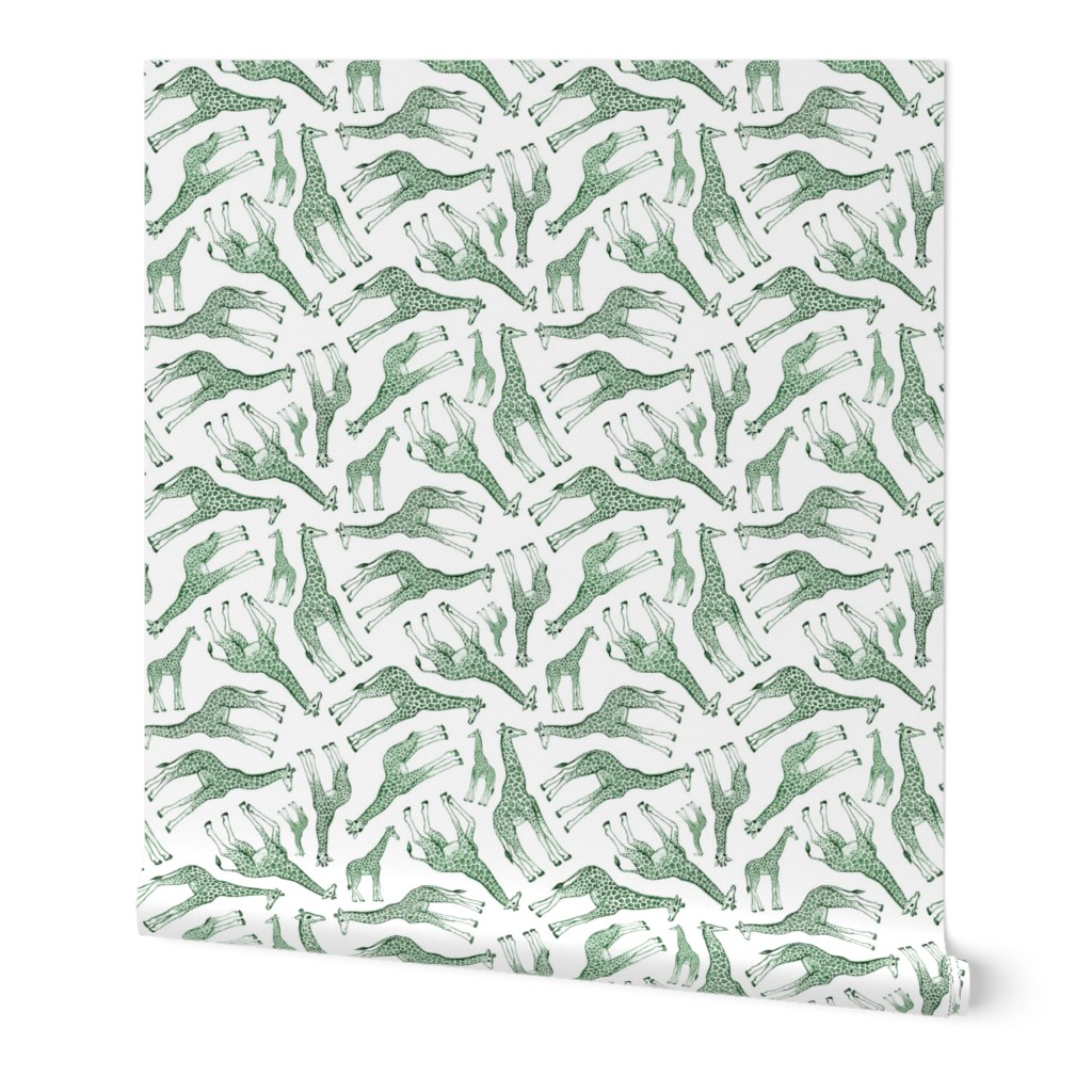 Little Ditsy Dark Green Giraffes on White