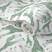 Little Ditsy Dark Green Giraffes on White