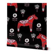 dala horse with florals // cute scandi sweden black background cute girls fabric