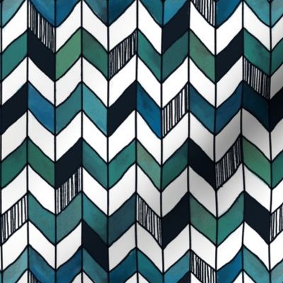 Medium 1 inch Hand-Painted Herringbone Chevron White, Turquoise, and Emerald, aqua cyan check with whimsical lines, stripe pattern,  playful,  baby boy, blue check , blue plaid