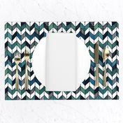 Medium 1 inch Hand-Painted Herringbone Chevron White, Turquoise, and Emerald, aqua cyan check with whimsical lines, stripe pattern,  playful,  baby boy, blue check , blue plaid