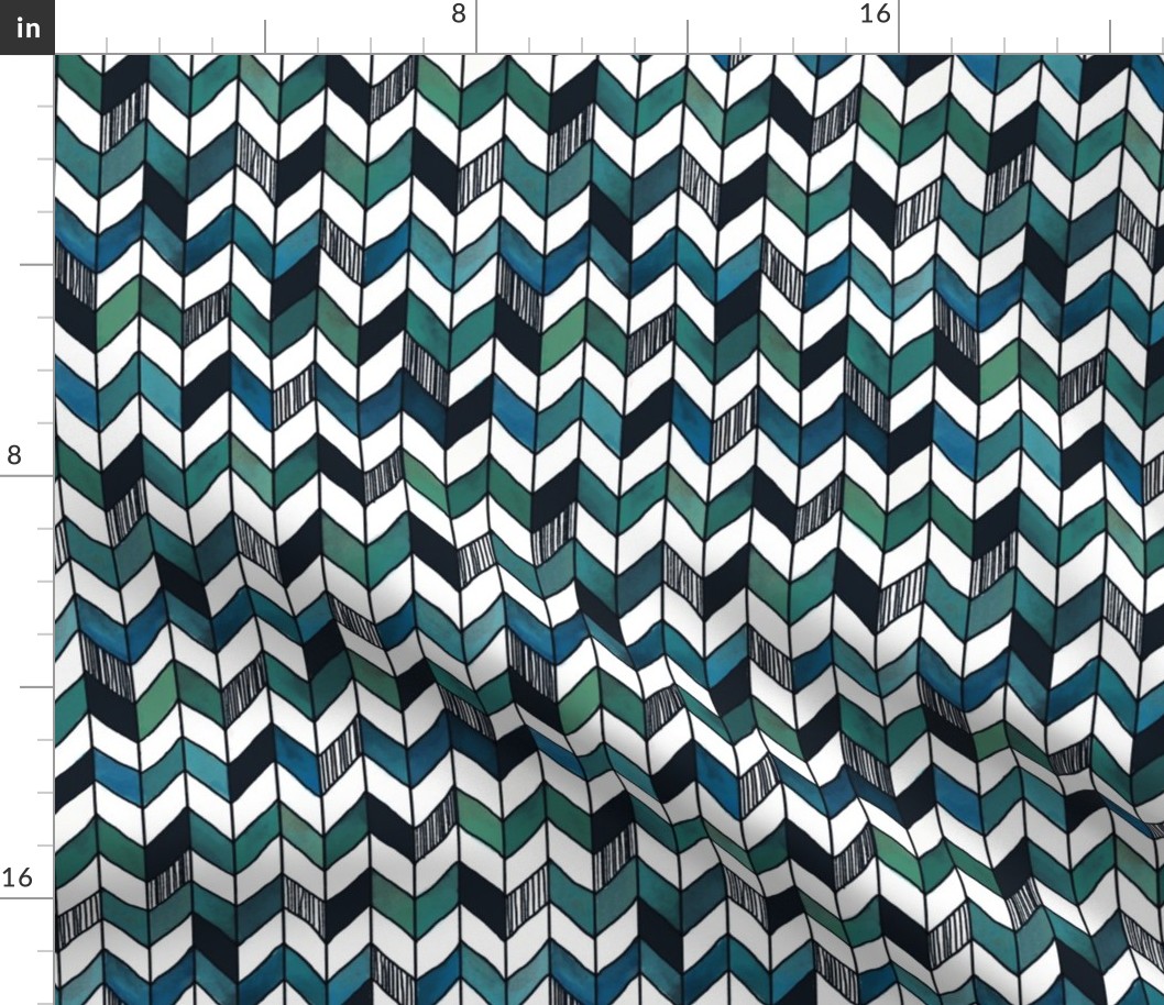 Medium 1 inch Hand-Painted Herringbone Chevron White, Turquoise, and Emerald, aqua cyan check with whimsical lines, stripe pattern,  playful,  baby boy, blue check , blue plaid