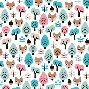 Sweet woodland fox fall winter forest with acorns and trees boys mint pink girls