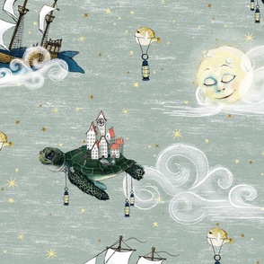 Large Moon, Nautical Fantasy, Sea Turtle Islands, Whale and Narwhal,  Tall Ships, gender neutral nursery wallpaper, Sky Adventure jumbo, unisex, kids nursery, baby  boy