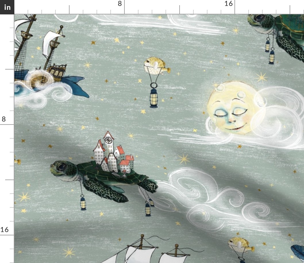 Large Moon, Nautical Fantasy, Sea Turtle Islands, Whale and Narwhal, Under the sea, Tall Ships, gender neutral nursery wallpaper, Sky Adventure jumbo, unisex, kids nursery, baby  boy