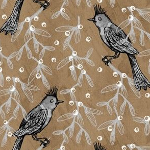 Bird and Mistletoe on Brown Paper