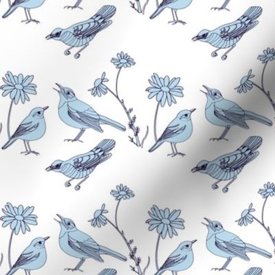 Birds and Daisies drawing (light blue on white)