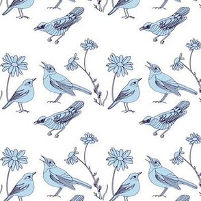 Birds and Daisies drawing (light blue on white)