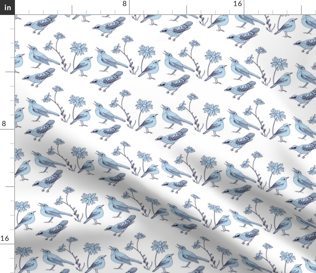 Birds and Daisies drawing (light blue on white)