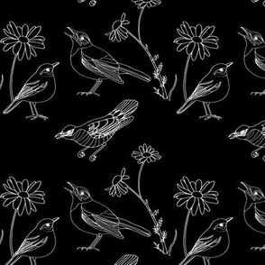 Birds and Daisies (drawing, white on black)