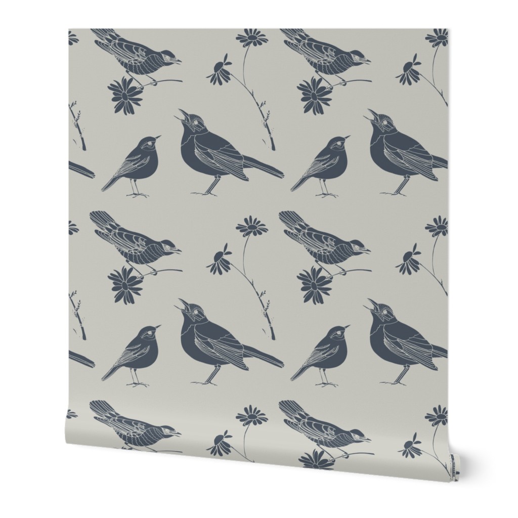 Birds and Daisies (drawing, vintage blue on gray)