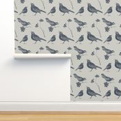 Birds and Daisies (drawing, vintage blue on gray)