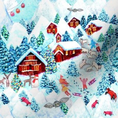 Christmas village  snow Day fabric 