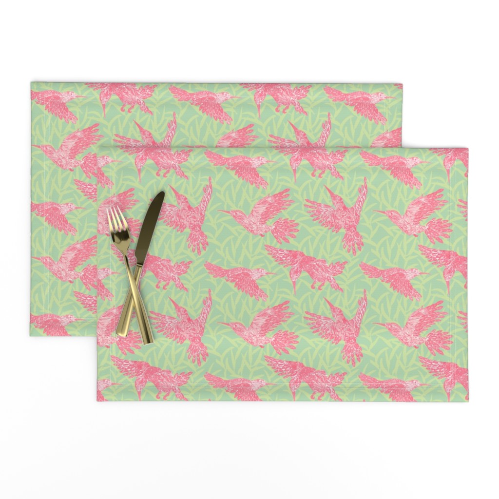 Pink hummingbirds and leaf pattern