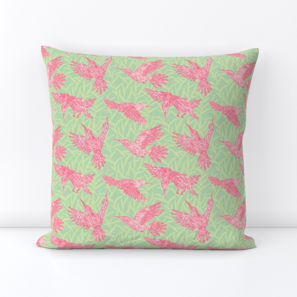Pink hummingbirds and leaf pattern