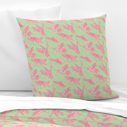 Pink hummingbirds and leaf pattern