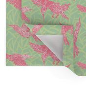 Pink hummingbirds and leaf pattern